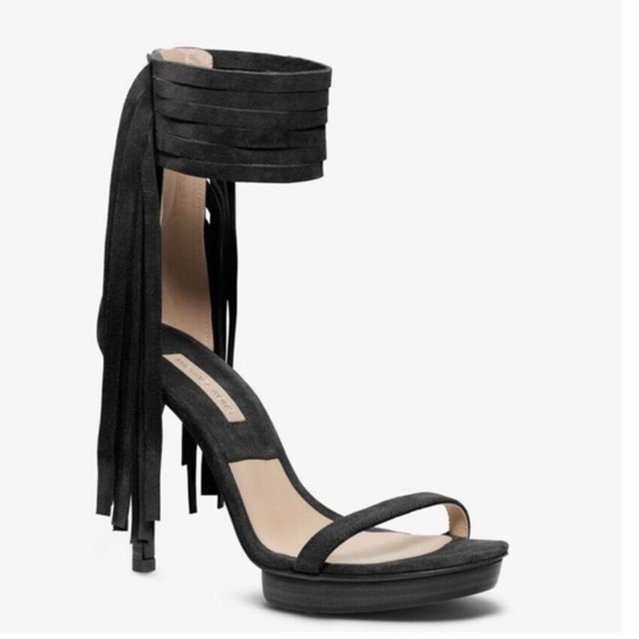 Michael Kors Shoes - Michael Kors Daphne Black Fringe Platform Open Toe Stiletto Sandals Shoes 39.5